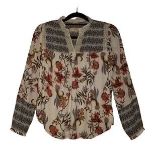 Ann Taylor Loft Blouse Petite Small Long Sleeves Lace Trim Fall Floral Top